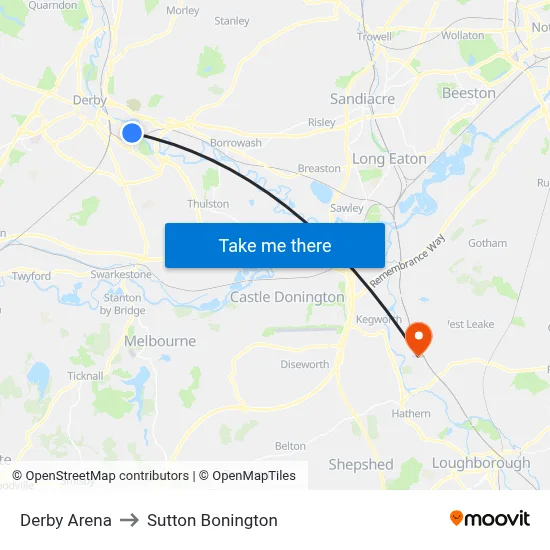 Derby Arena to Sutton Bonington map