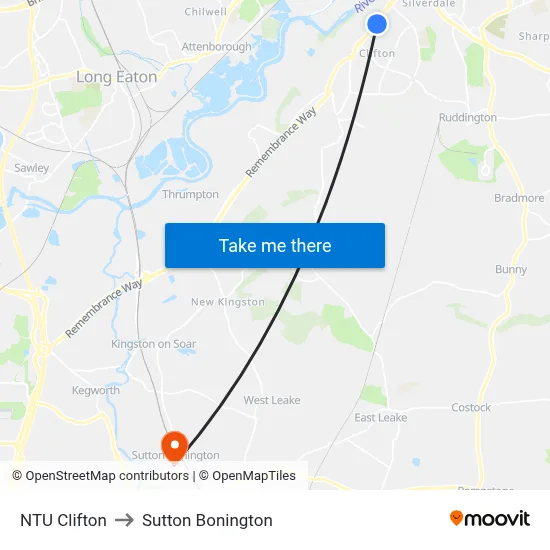 NTU Clifton to Sutton Bonington map