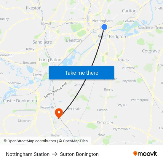 Nottingham Station to Sutton Bonington map