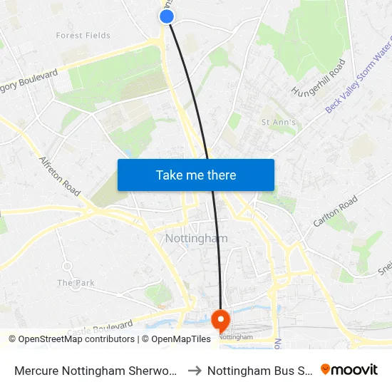 Mercure Nottingham Sherwood Hotel to Nottingham Bus Station map