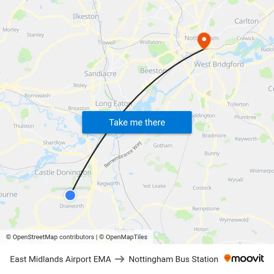 East Midlands Airport EMA to Nottingham Bus Station map