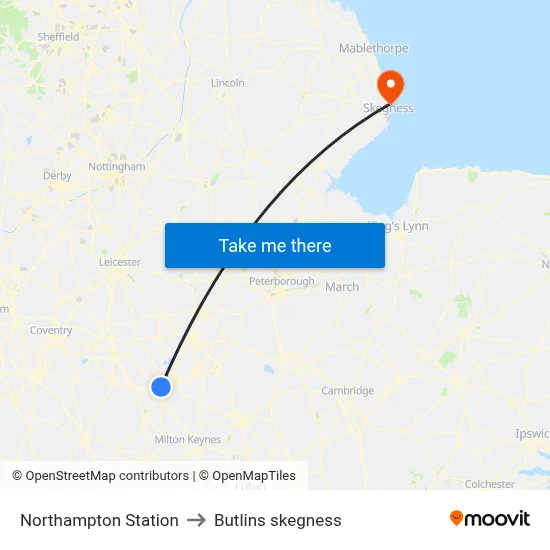 Northampton Station to Butlins skegness map