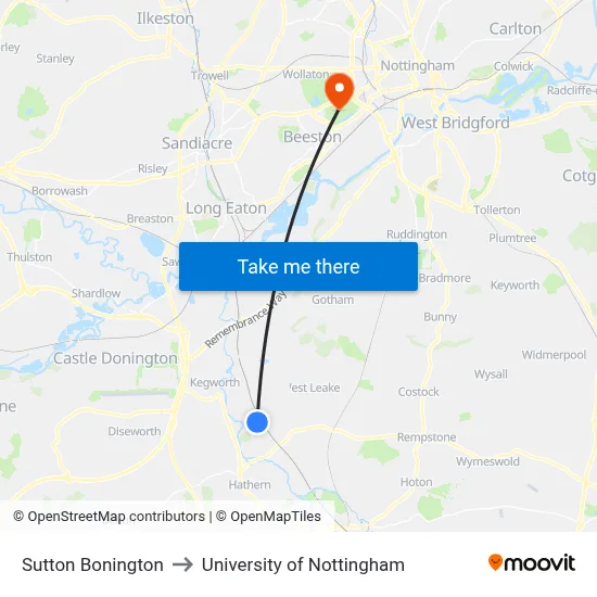 Sutton Bonington to University of Nottingham map