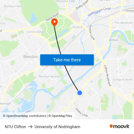 NTU Clifton to University of Nottingham map