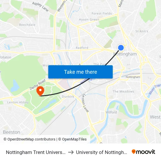 Nottingham Trent University to University of Nottingham map