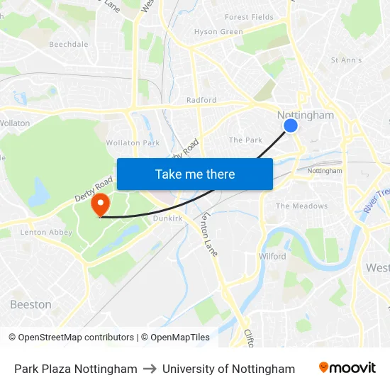 Park Plaza Nottingham to University of Nottingham map