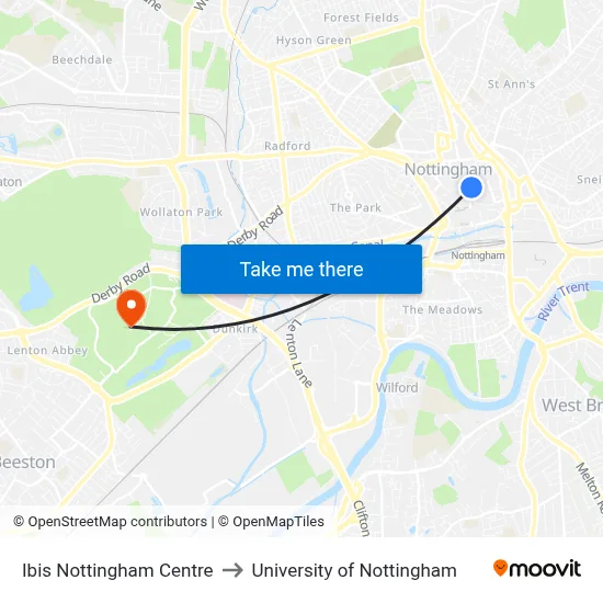 Ibis Nottingham Centre to University of Nottingham map