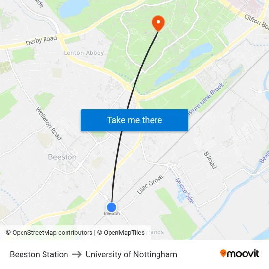 Beeston Station to University of Nottingham map