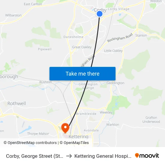 Corby, George Street (Stop A) to Kettering General Hospital - B map