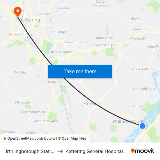 Irthlingborough Station to Kettering General Hospital - B map
