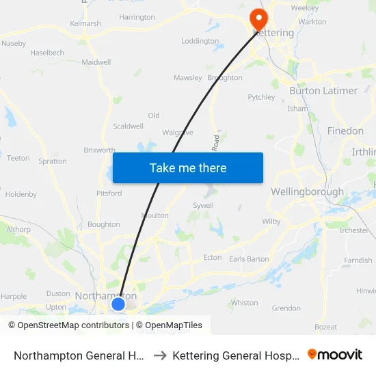 Northampton General Hospital to Kettering General Hospital - B map