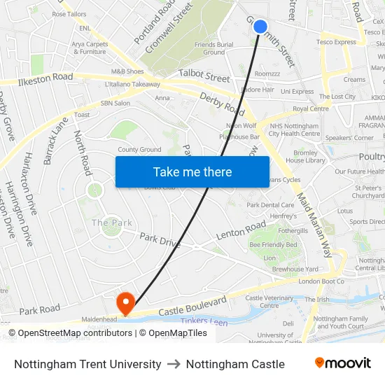 Nottingham Trent University to Nottingham Castle map