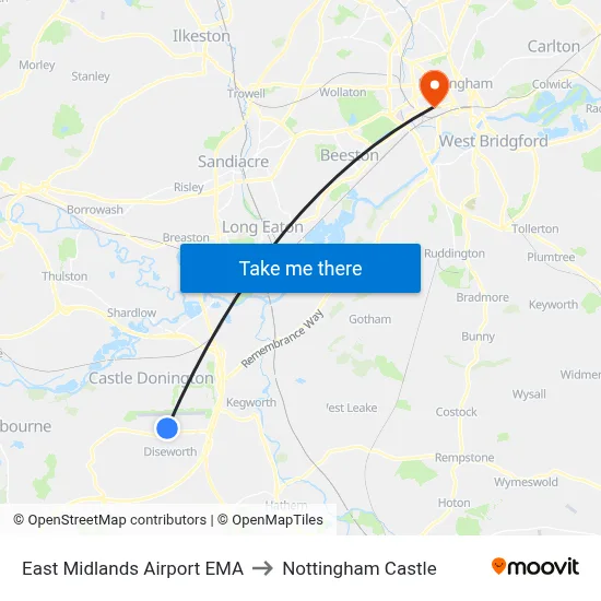 East Midlands Airport EMA to Nottingham Castle map