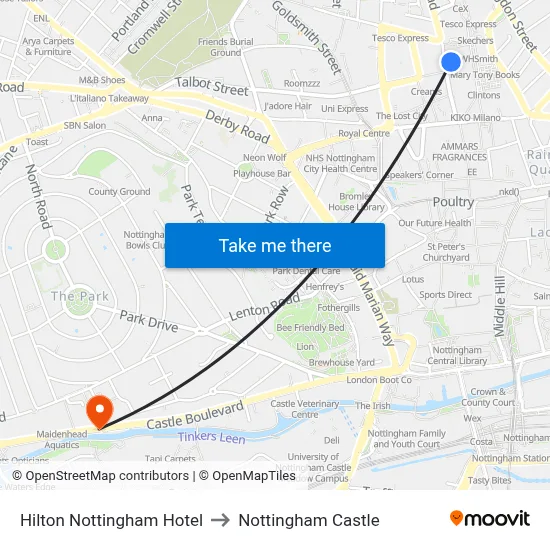 Hilton Nottingham Hotel to Nottingham Castle map
