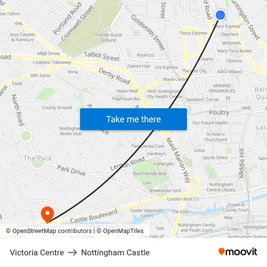 Victoria Centre to Nottingham Castle map