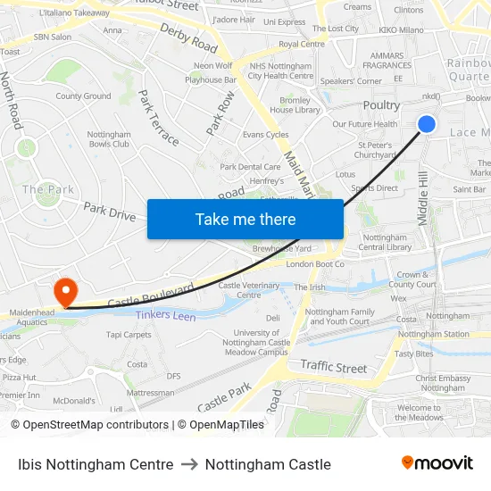 Ibis Nottingham Centre to Nottingham Castle map