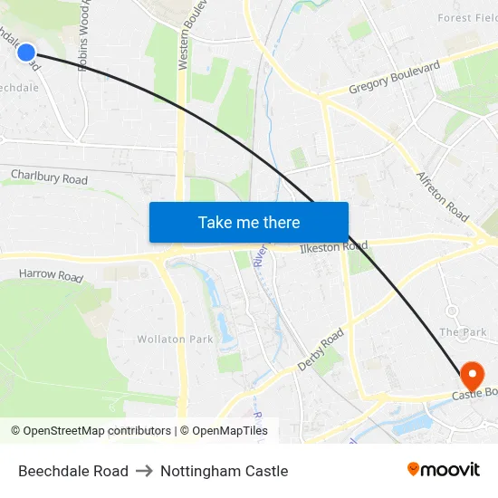 Beechdale Road to Nottingham Castle map