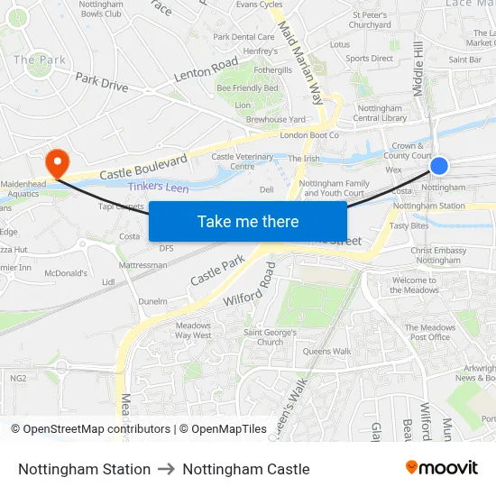 Nottingham Station to Nottingham Castle map