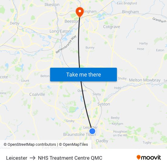 Leicester to NHS Treatment Centre QMC map