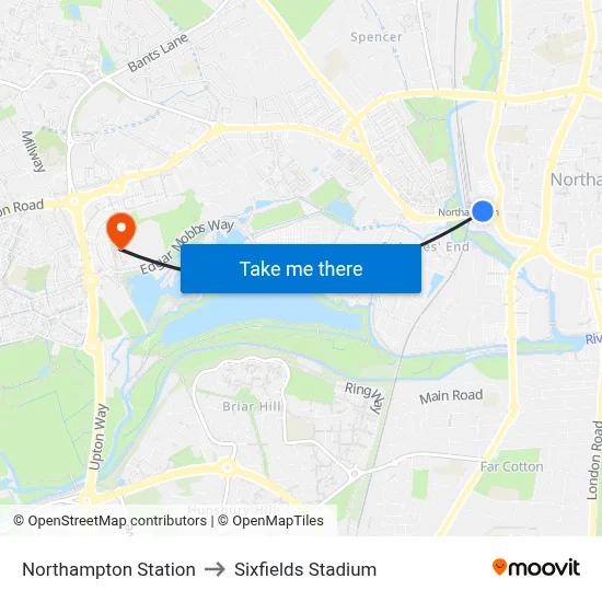 Northampton Station to Sixfields Stadium map