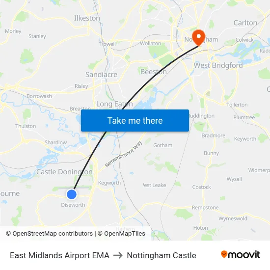 East Midlands Airport EMA to Nottingham Castle map