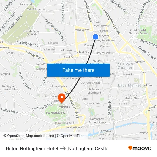 Hilton Nottingham Hotel to Nottingham Castle map