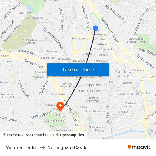 Victoria Centre to Nottingham Castle map
