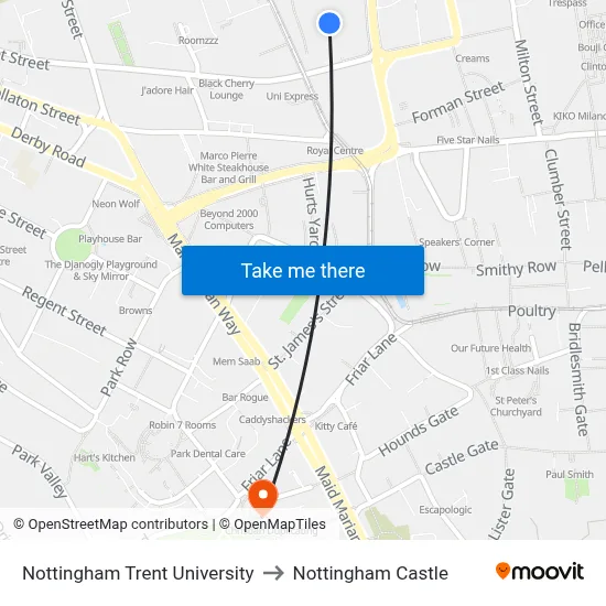Nottingham Trent University to Nottingham Castle map