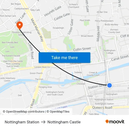 Nottingham Station to Nottingham Castle map