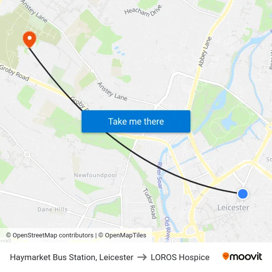 Haymarket Bus Station, Leicester to LOROS Hospice map