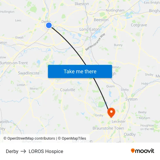 Derby to LOROS Hospice map