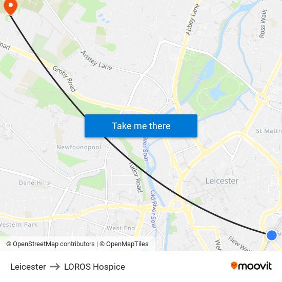 Leicester to LOROS Hospice map