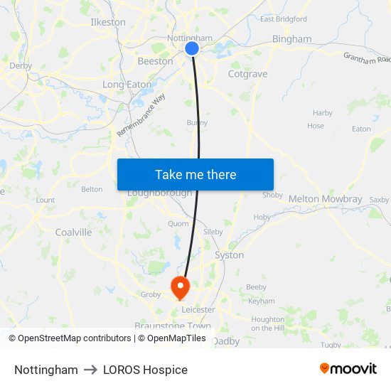 Nottingham to LOROS Hospice map