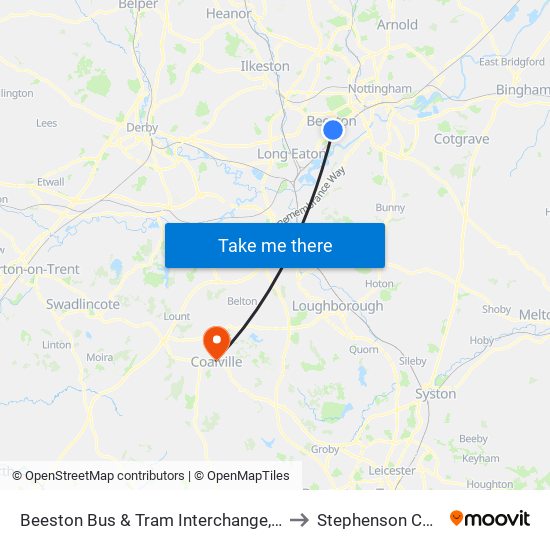 Beeston Bus & Tram Interchange, Beeston to Stephenson College map