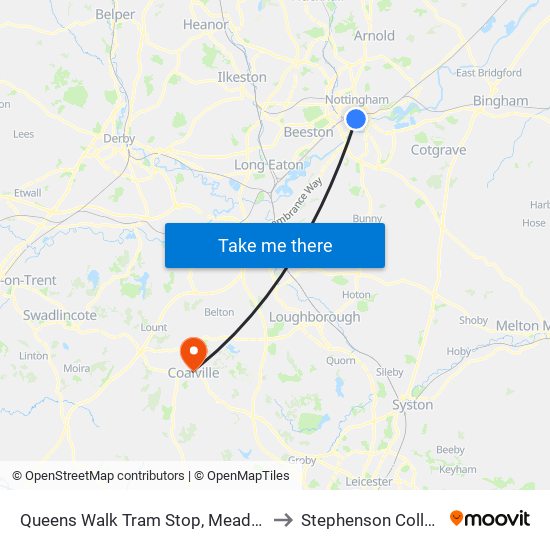 Queens Walk Tram Stop, Meadows to Stephenson College map