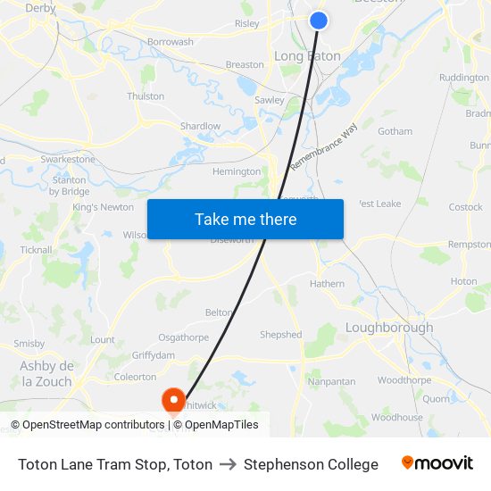 Toton Lane Tram Stop, Toton to Stephenson College map
