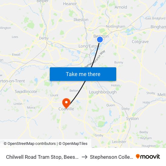 Chilwell Road Tram Stop, Beeston to Stephenson College map