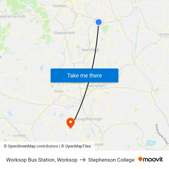 Worksop Bus Station, Worksop to Stephenson College map