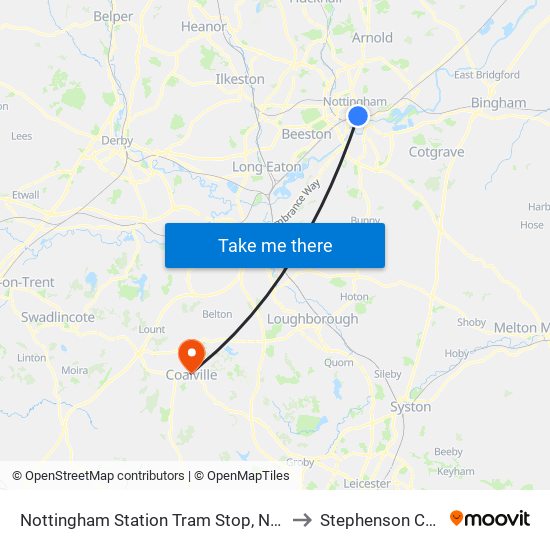 Nottingham Station Tram Stop, Nottingham to Stephenson College map