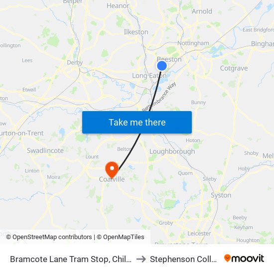 Bramcote Lane Tram Stop, Chilwell to Stephenson College map