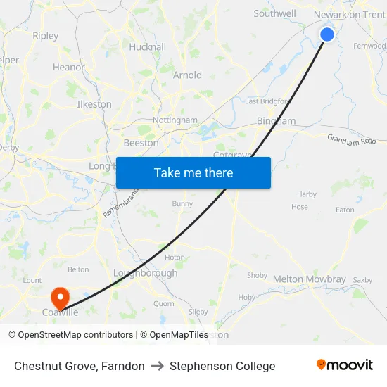 Chestnut Grove, Farndon to Stephenson College map