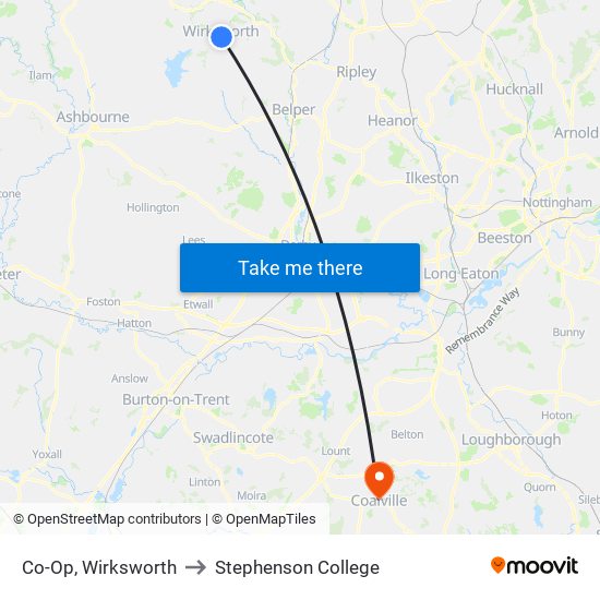 Co-Op, Wirksworth to Stephenson College map