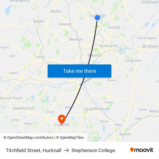 Titchfield Street, Hucknall to Stephenson College map