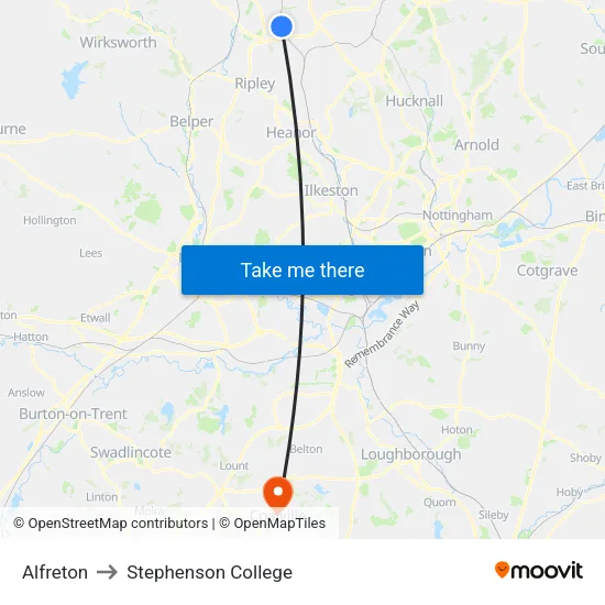 Alfreton to Stephenson College map