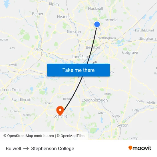 Bulwell to Stephenson College map