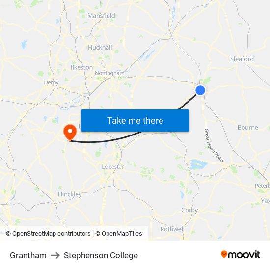 Grantham to Stephenson College map