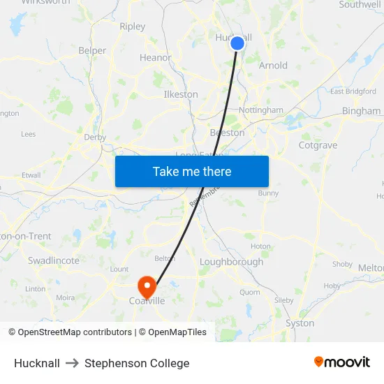 Hucknall to Stephenson College map