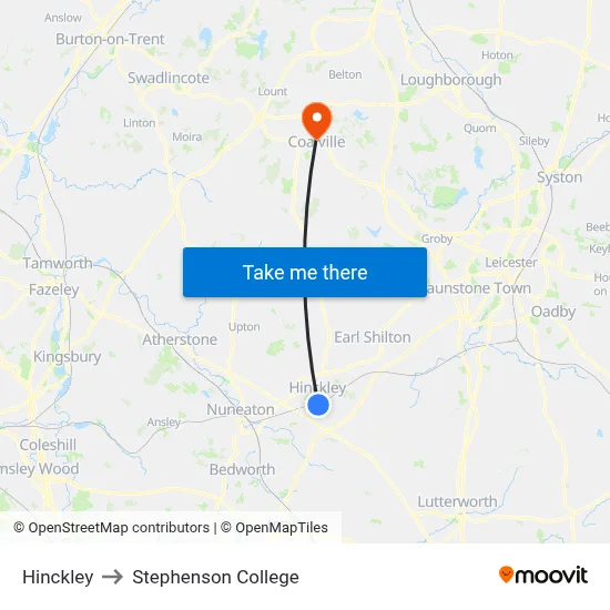 Hinckley to Stephenson College map