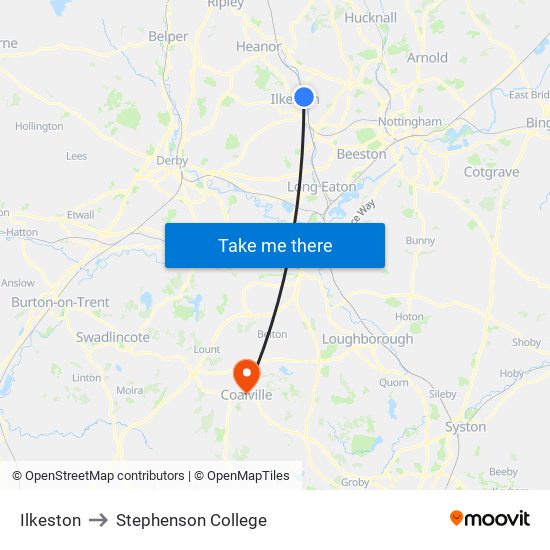 Ilkeston to Stephenson College map