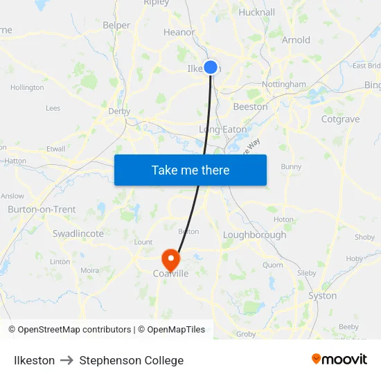 Ilkeston to Stephenson College map